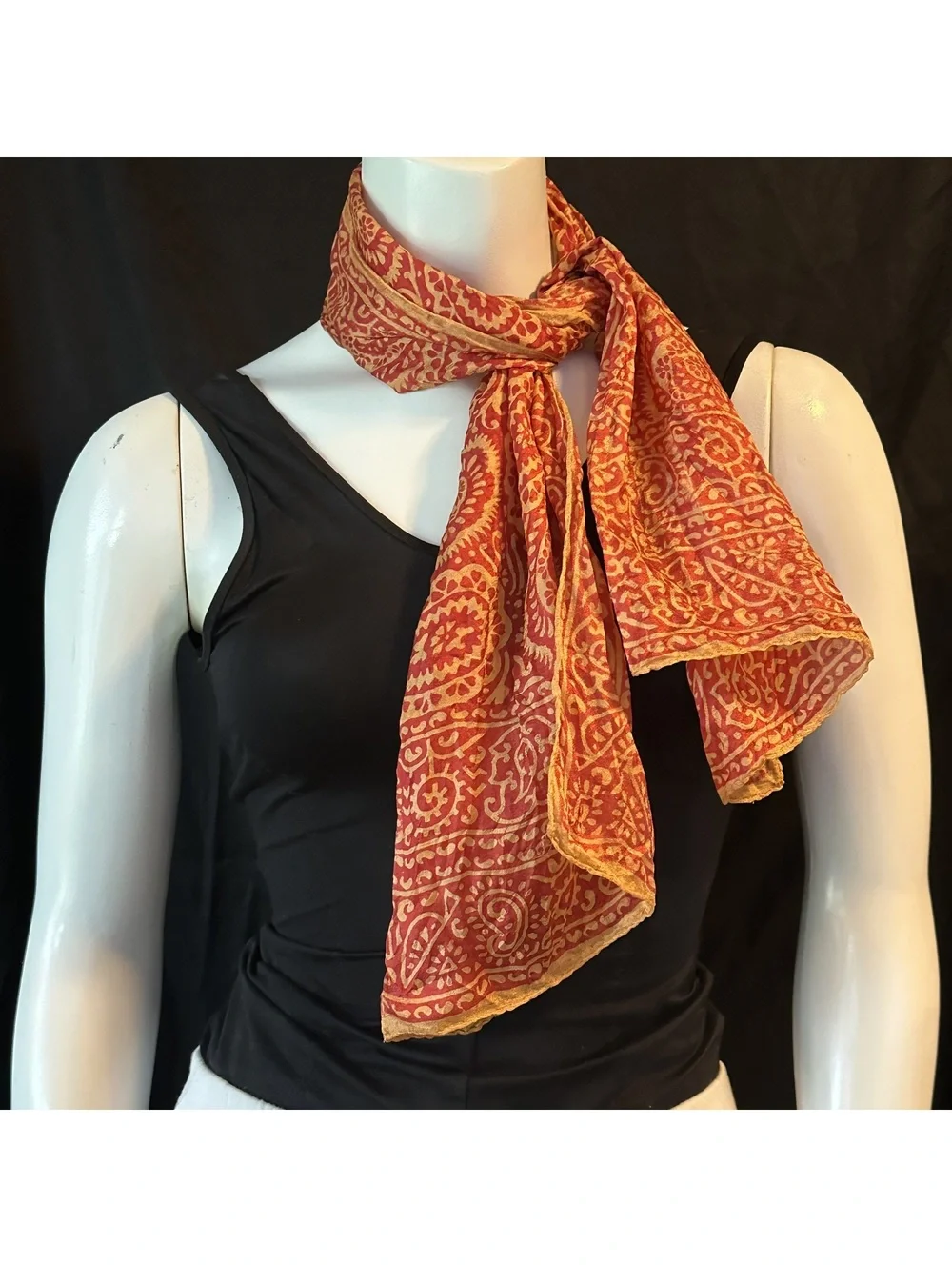 Vintage Red and Orange Paisley Print Silk Scarf